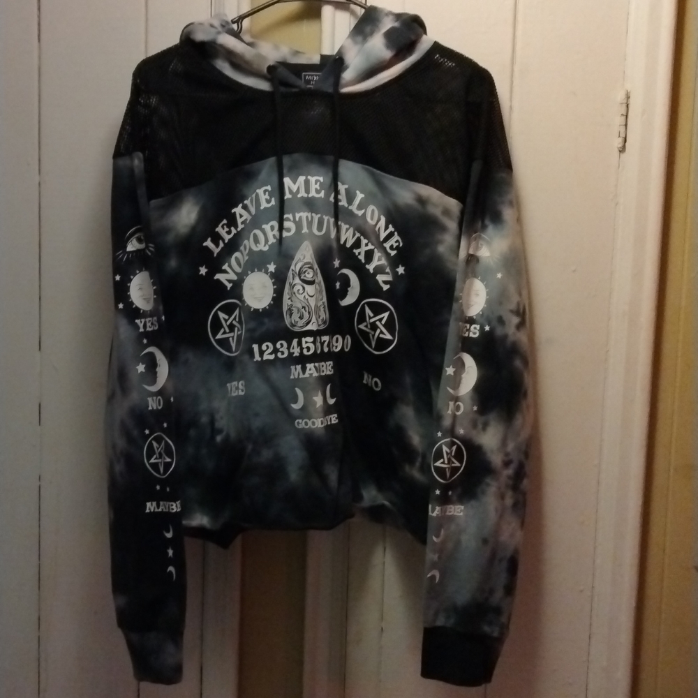 Fishnet cropped ouija planchette grey smokey hoodie goth witch